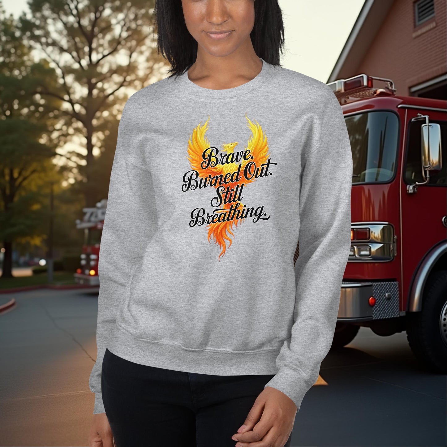 Brave. Burned Out. Still Breathing. Firefighter Mental Health Awareness Crew Neck Sweatshirt