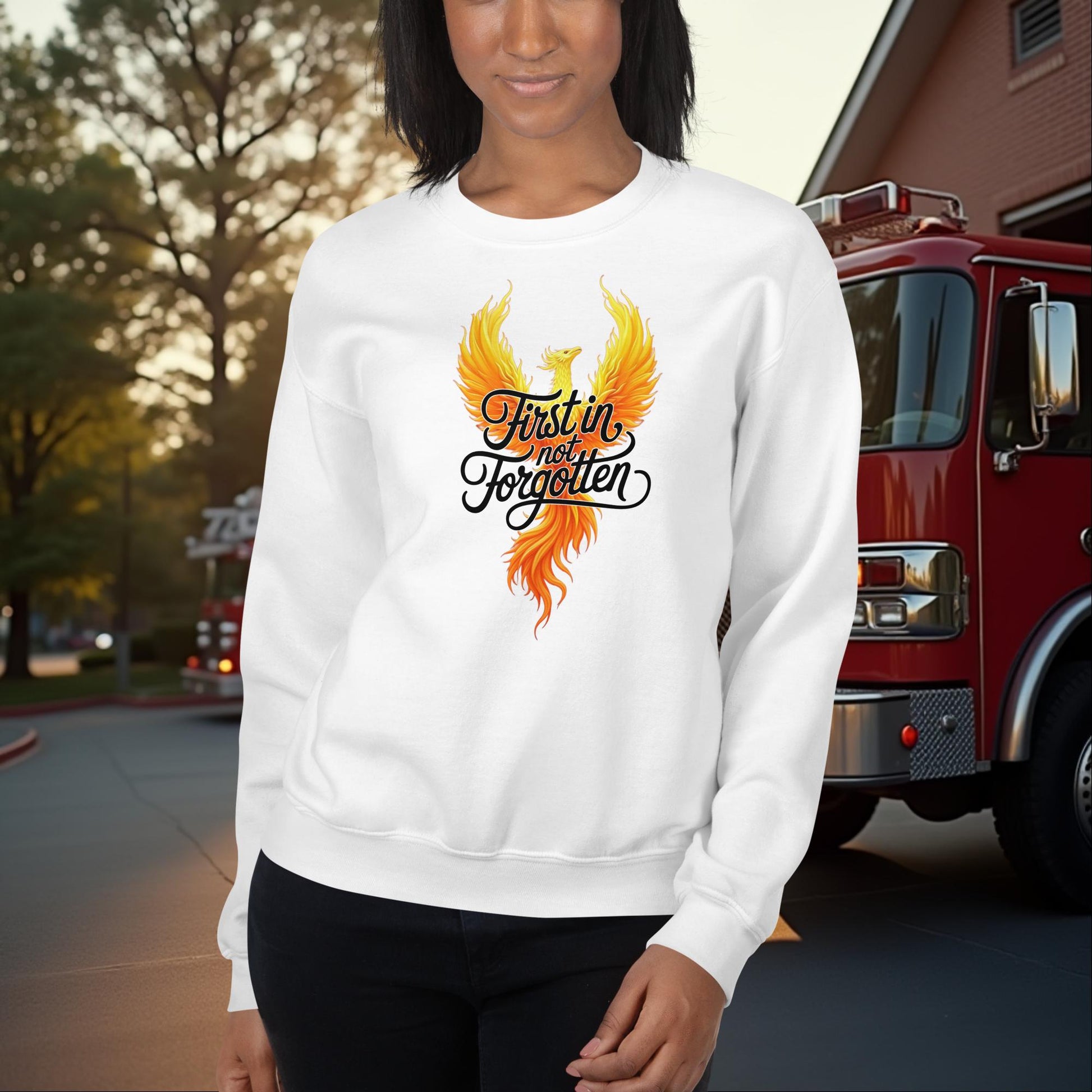 First In Not Forgotten firefighter crew neck sweatshirt for memorial and mental health support