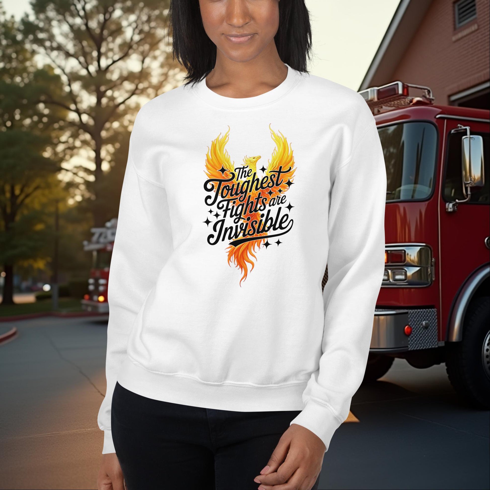 The Toughest Fights Are Invisible firefighter sweatshirt for PTSD and mental wellness
