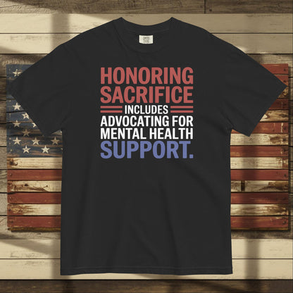 Honoring Sacrifice heavyweight t-shirt for military families, PTSD support, and patriotic remembrance