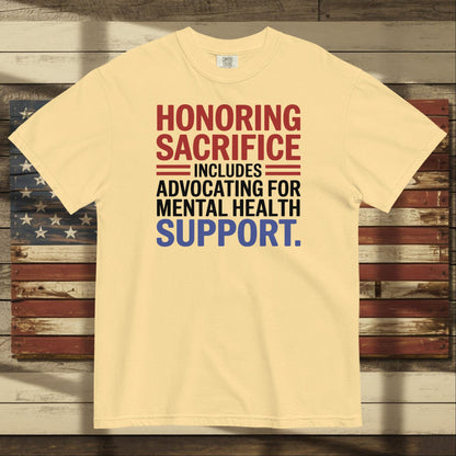 Honoring Sacrifice heavyweight t-shirt for military families, PTSD support, and patriotic remembrance
