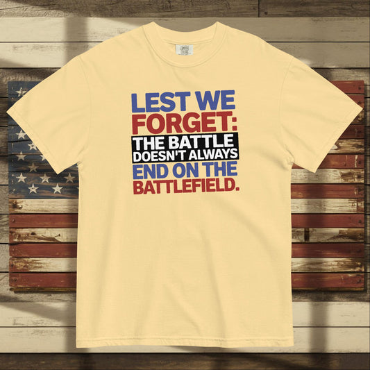 Lest We Forget heavyweight t-shirt for honoring military service and mental health support