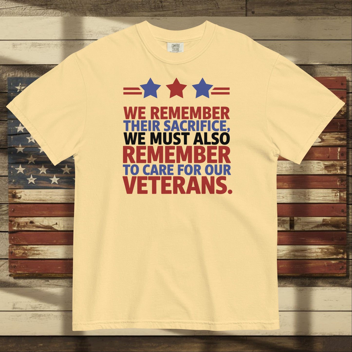 We Remember Their Sacrifice heavyweight t-shirt with veteran memorial message and custom military support