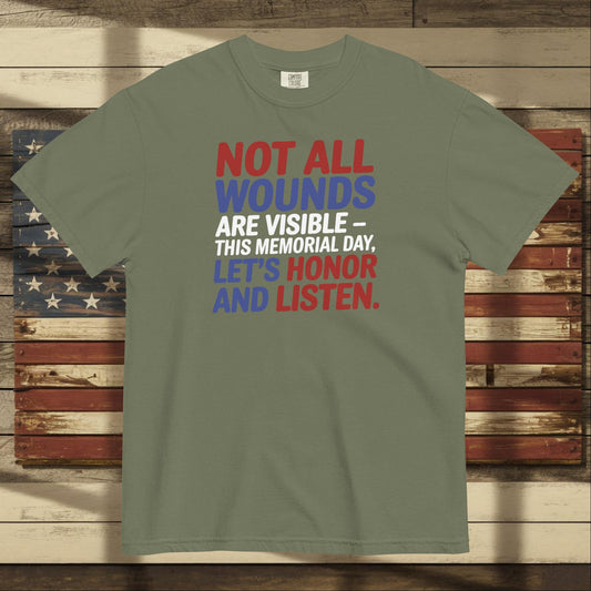 Not All Wounds Are Visible heavyweight t-shirt with mental health support message for veterans and responders