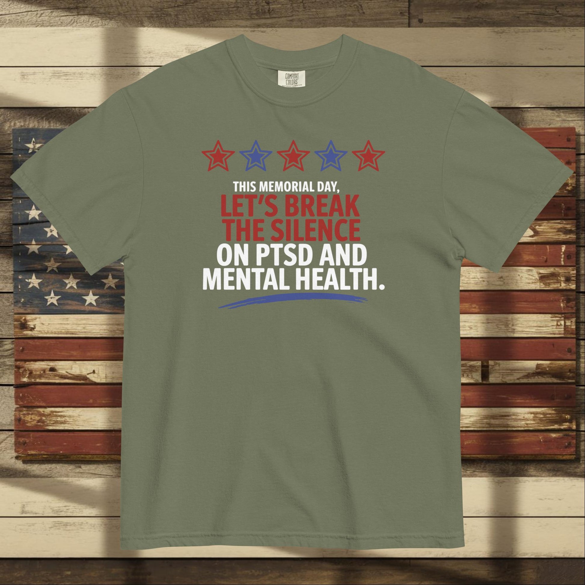 This Memorial Day Let’s Break the Silence heavyweight t-shirt supporting PTSD awareness and veteran healing