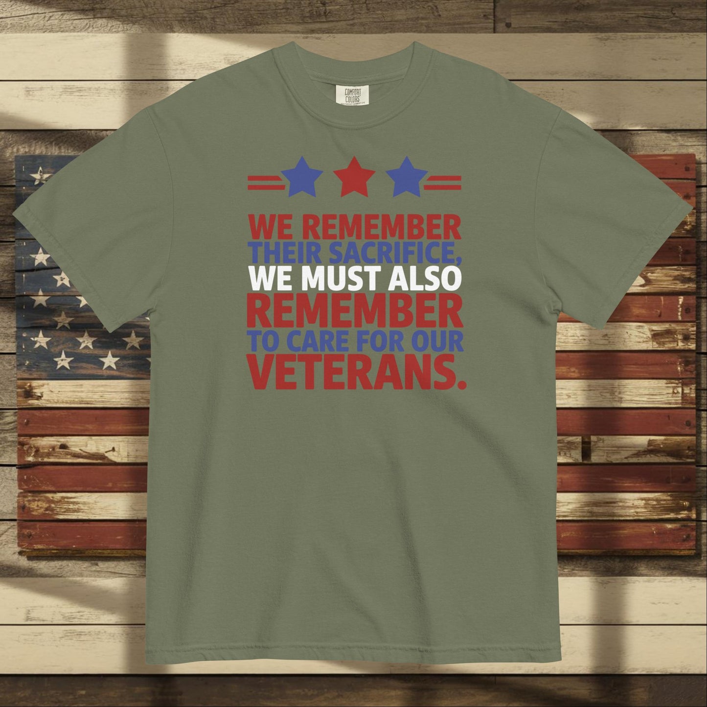 We Remember Their Sacrifice heavyweight t-shirt with veteran memorial message and custom military support