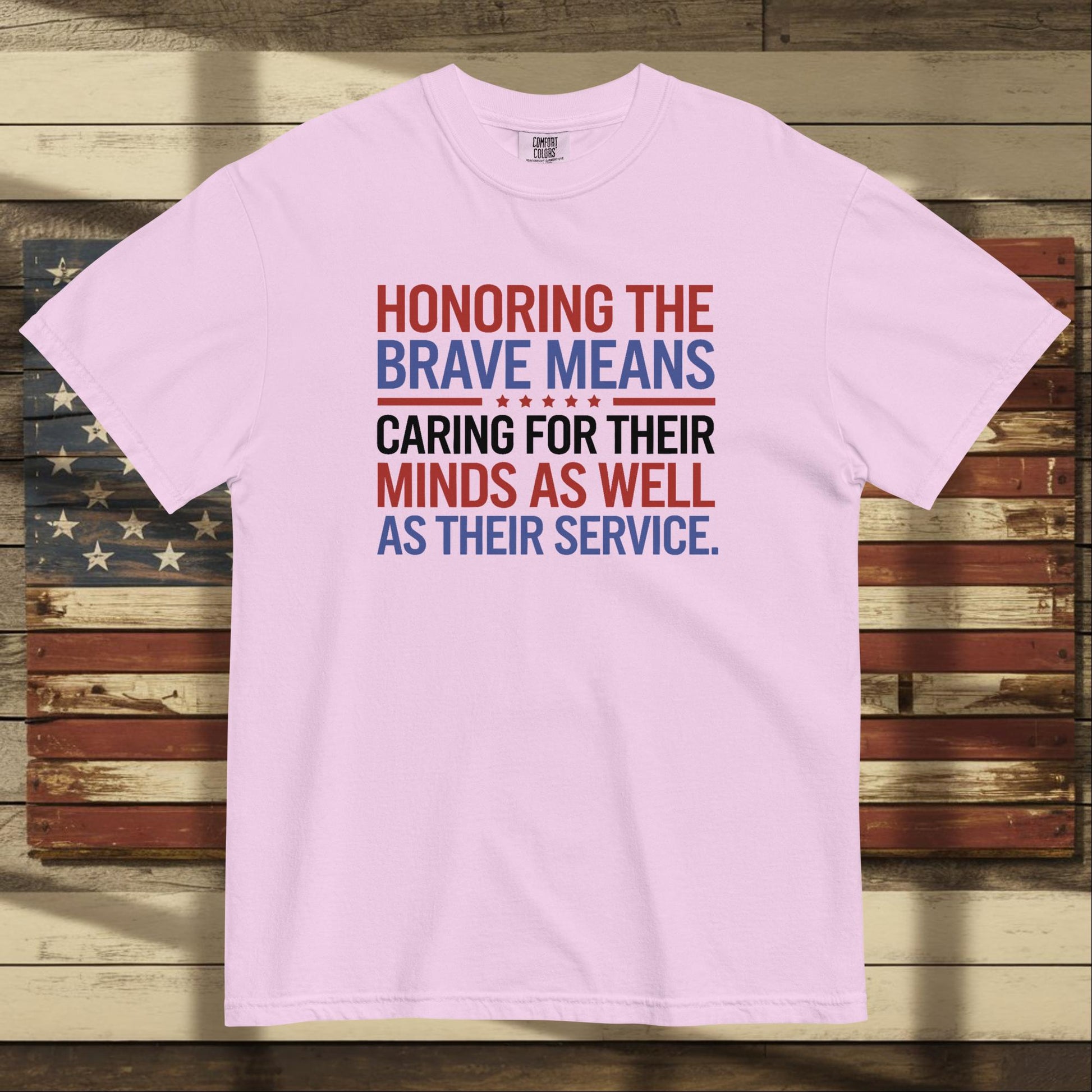 Honoring the Brave heavyweight t-shirt honoring veterans, service members, and mental health awareness