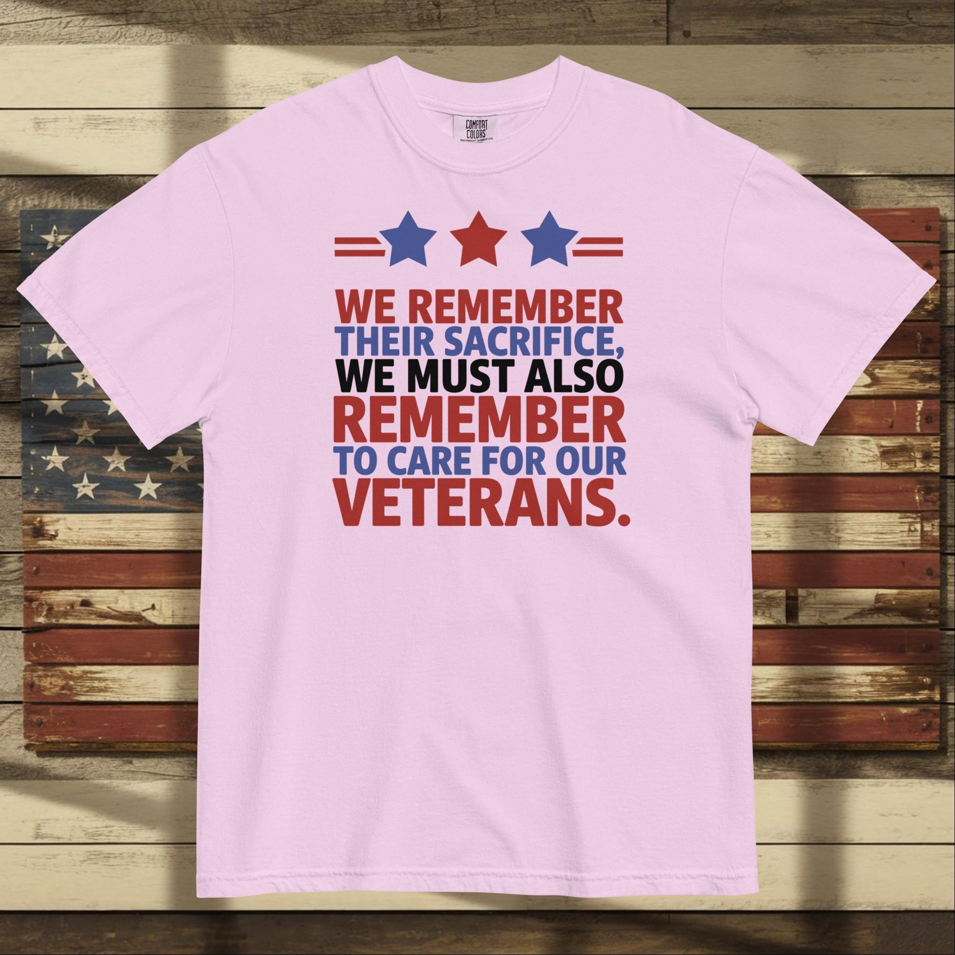 We Remember Their Sacrifice heavyweight t-shirt with veteran memorial message and custom military support