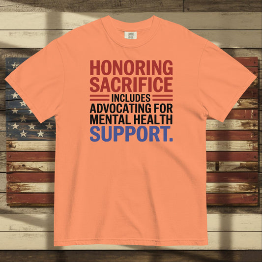 Honoring Sacrifice heavyweight t-shirt for military families, PTSD support, and patriotic remembrance