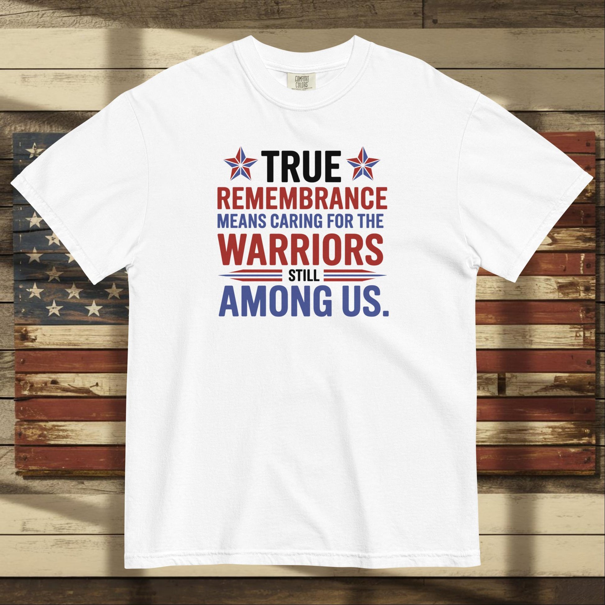 True Remembrance Means Caring heavyweight t-shirt for PTSD awareness and personalized tribute to veterans