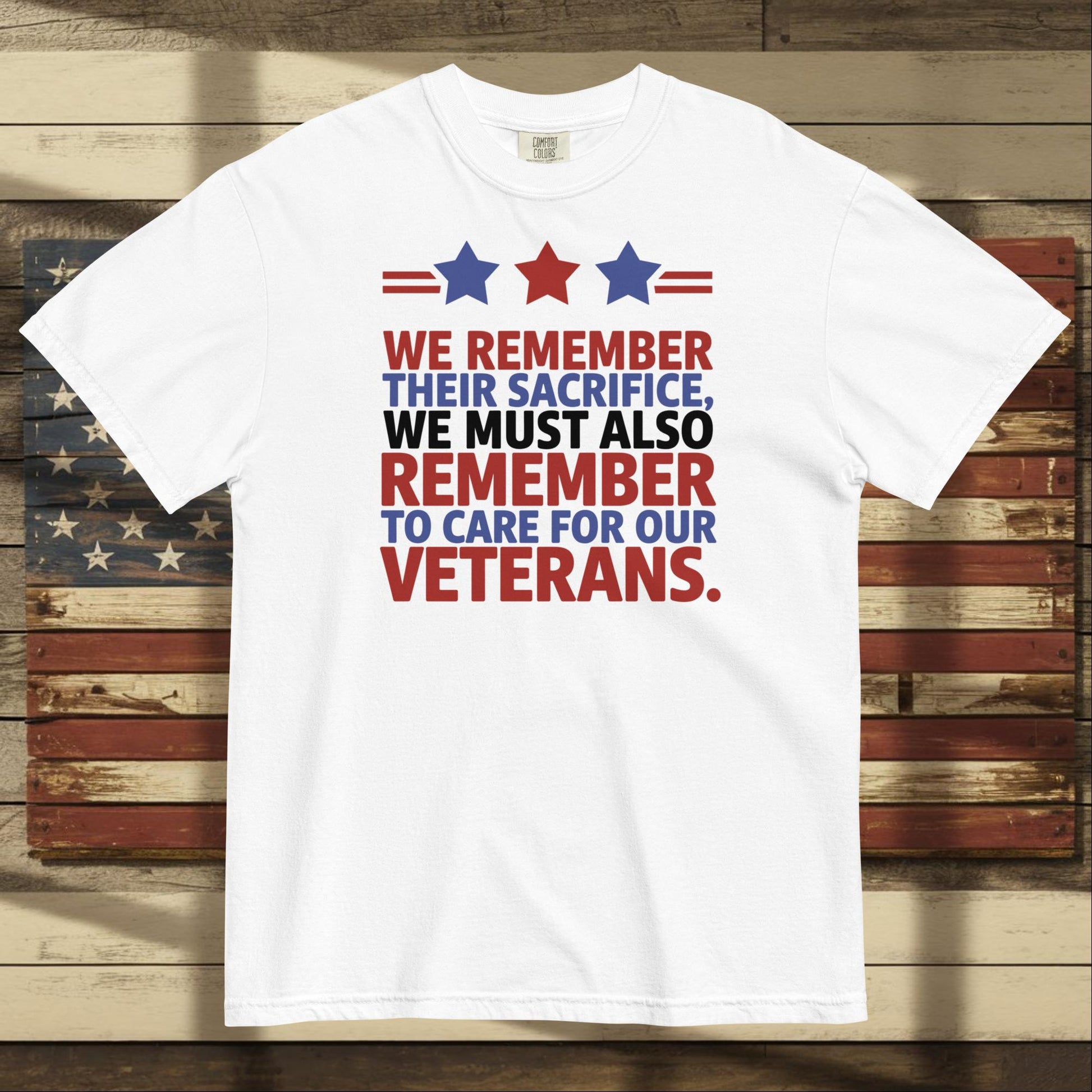 We Remember Their Sacrifice heavyweight t-shirt with veteran memorial message and custom military support