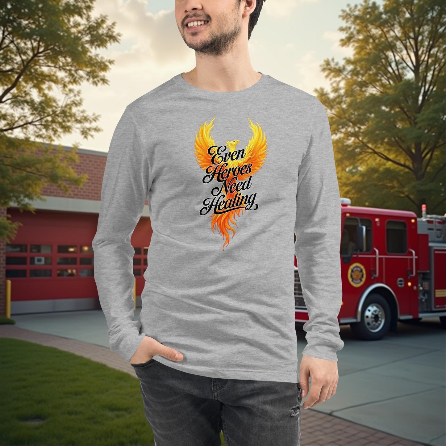 Even Heroes Need Healing firefighter recovery long sleeve tee, emotional support and wellness shirt