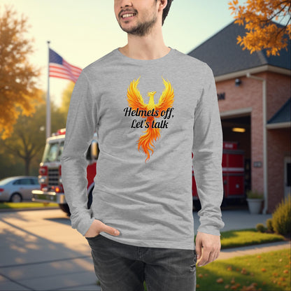 Helmets Off, Let’s Talk firefighter peer support long sleeve tee, mental health awareness shirt