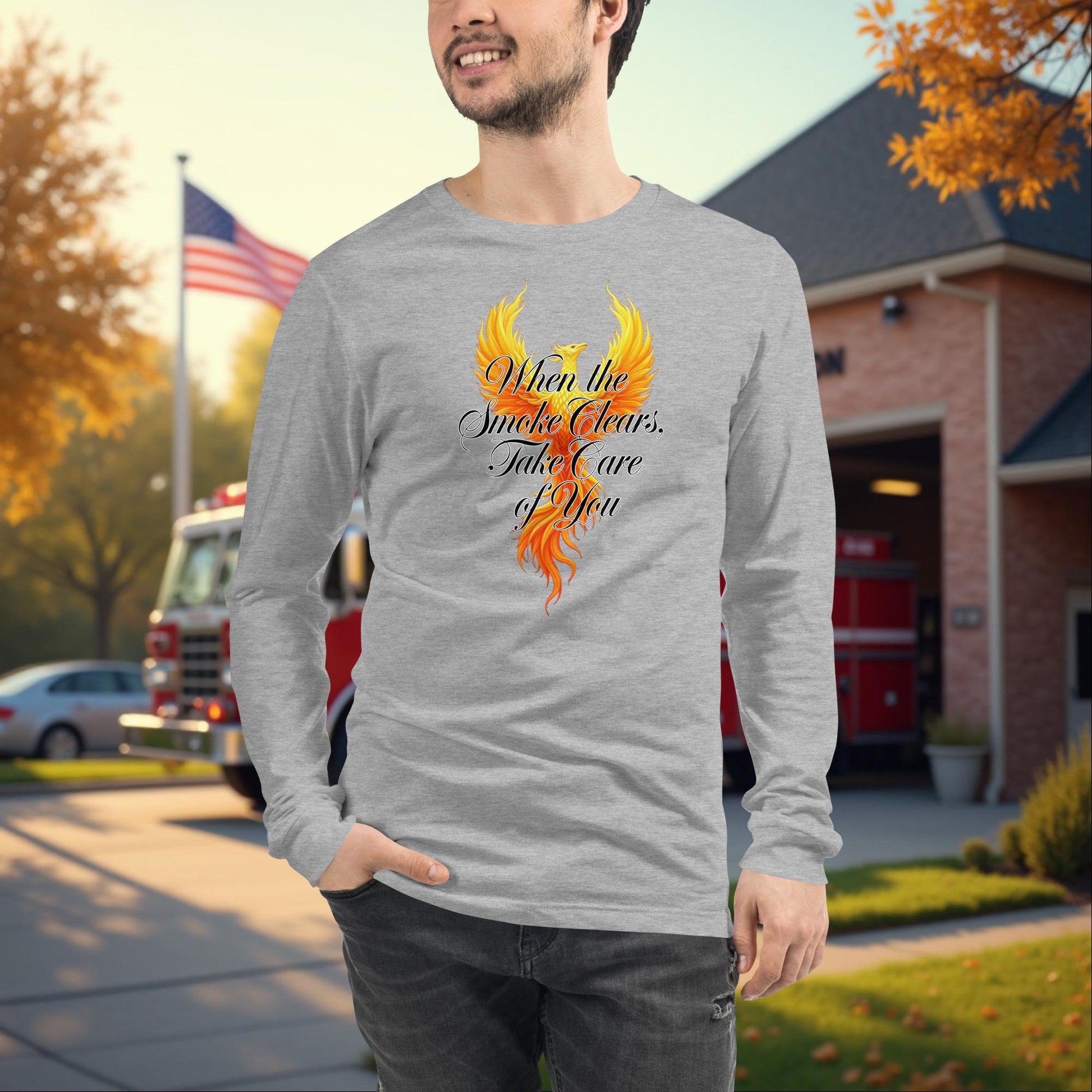When The Smoke Clears Take Care Of You firefighter wellness long sleeve tee, self-care support shirt