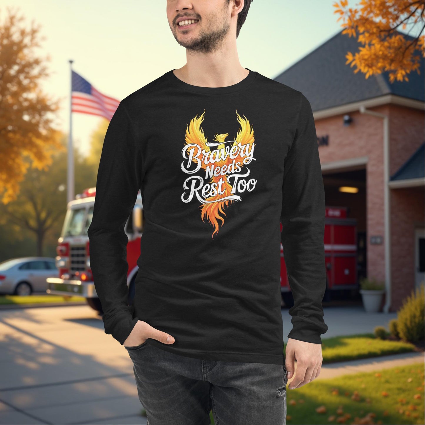 Bravery Needs Rest Too firefighter wellness long sleeve tee, mental health support apparel