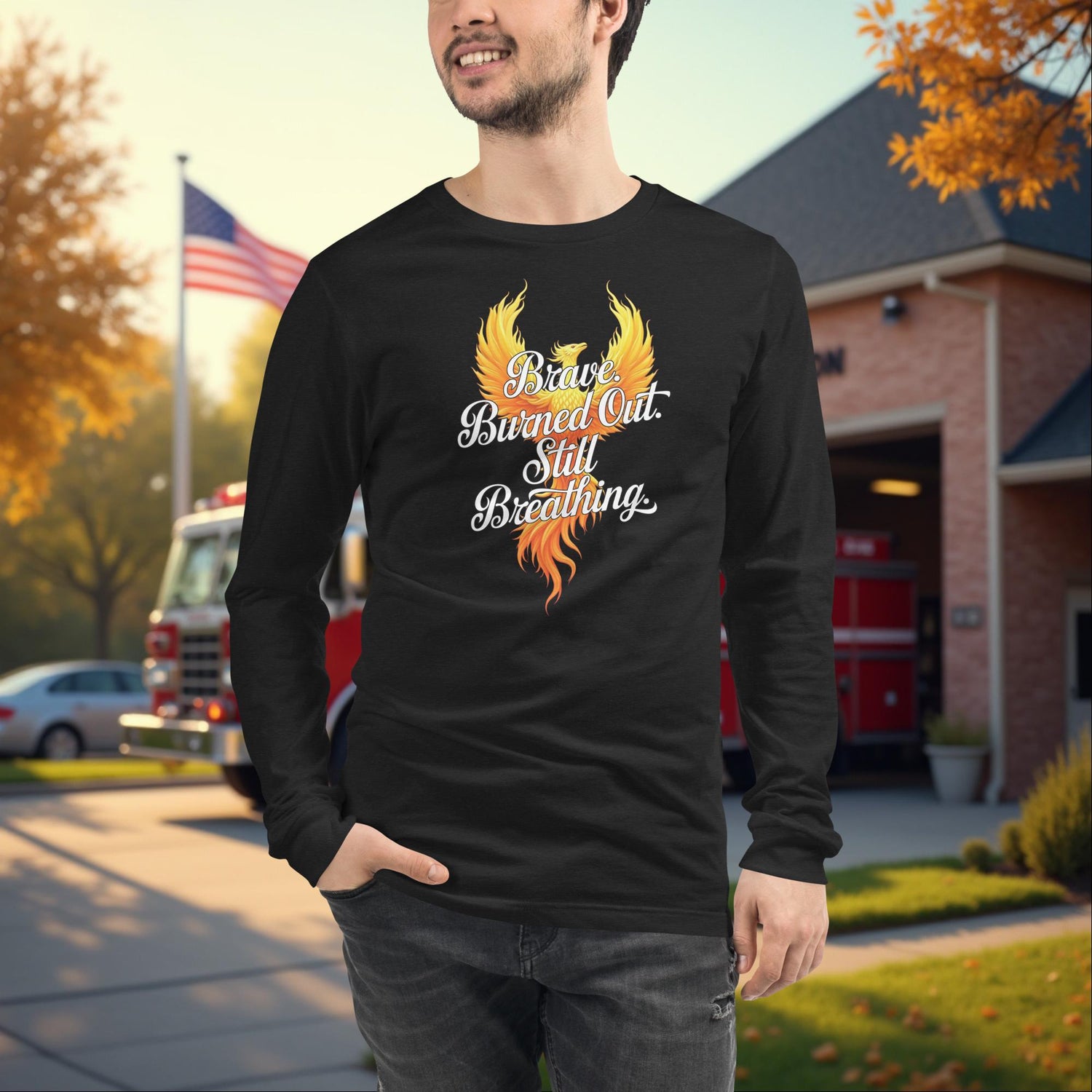 Brave. Burned Out. firefighter mental health long sleeve tee, burnout awareness support shirt