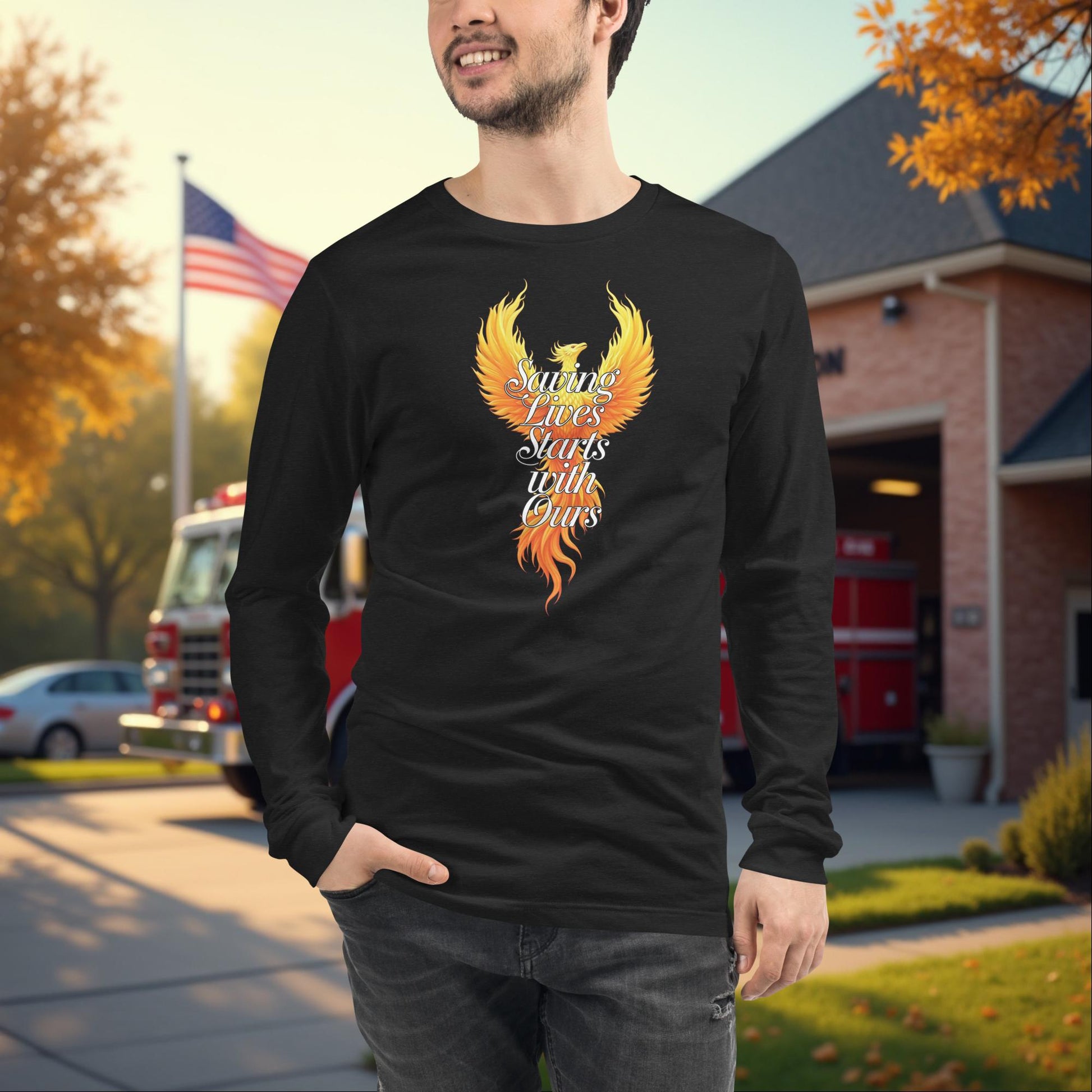 Saving Lives Starts With Ours firefighter mental health long sleeve tee, support and awareness shirt