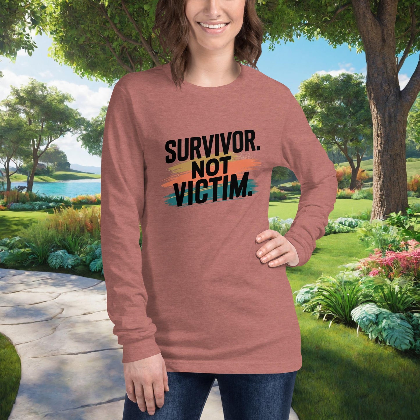 Survivor pride shirt with “Survivor. Not Victim.”