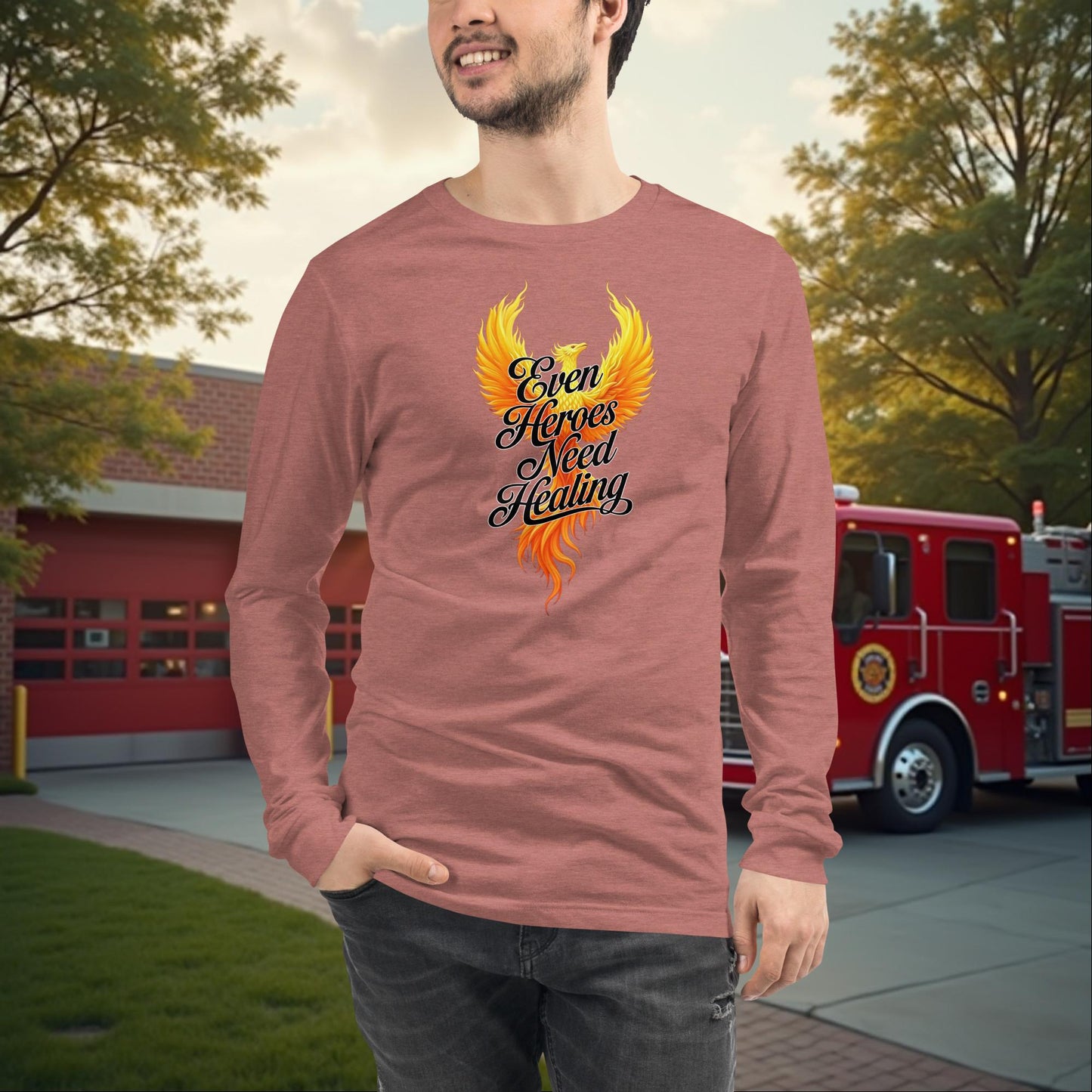 Even Heroes Need Healing firefighter recovery long sleeve tee, emotional support and wellness shirt