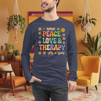 Peace, Love & Therapy Long Sleeve Tee - Retro Shirt for Healing Energy & Mindfulness