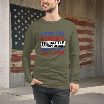 Lest We Forget shirt supporting veterans' PTSD awareness and mental health care