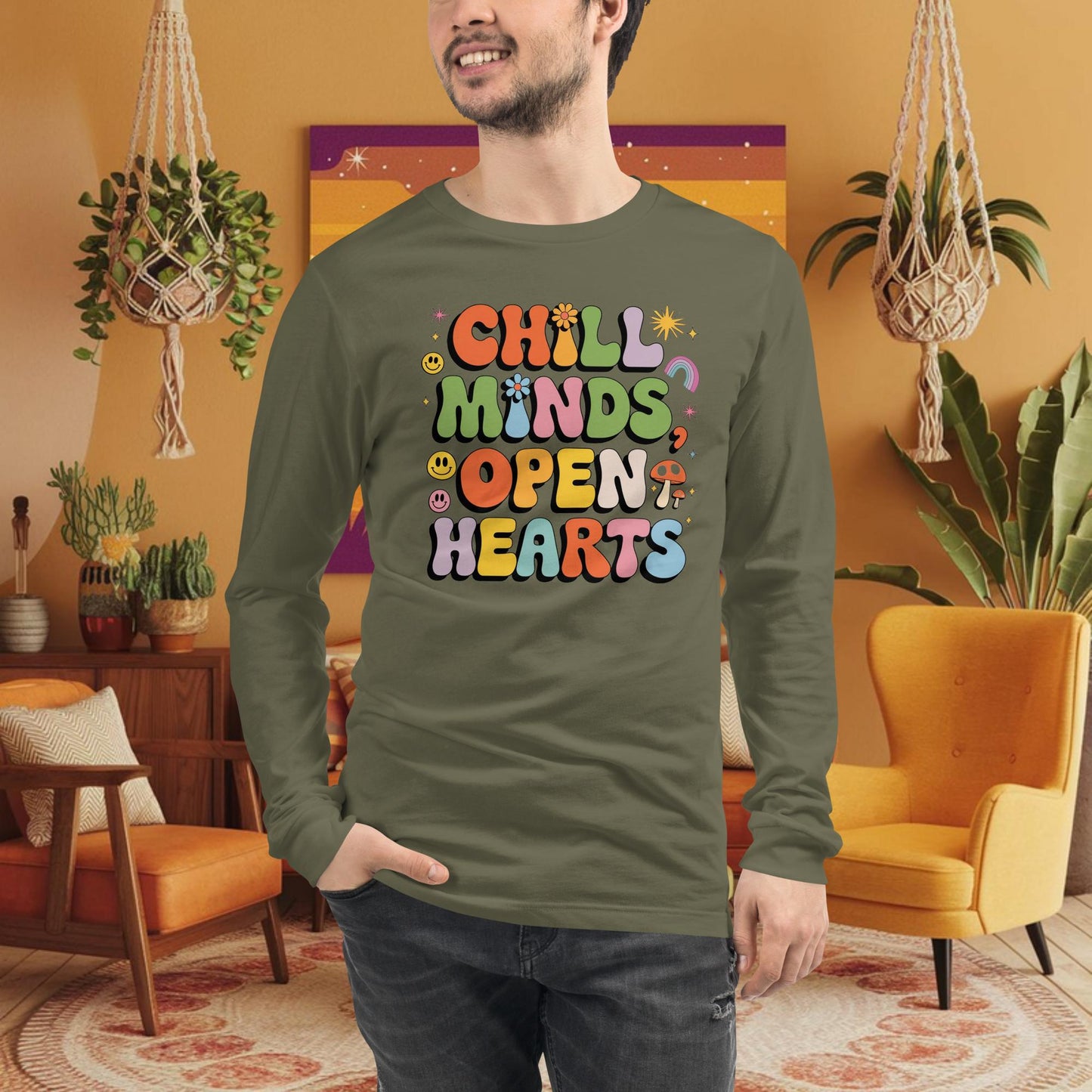 Chill Minds Open Hearts Long Sleeve Tee - Personalized Retro Shirt for Self-Love & Healing