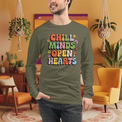 Chill Minds Open Hearts Long Sleeve Tee - Personalized Retro Shirt for Self-Love & Healing