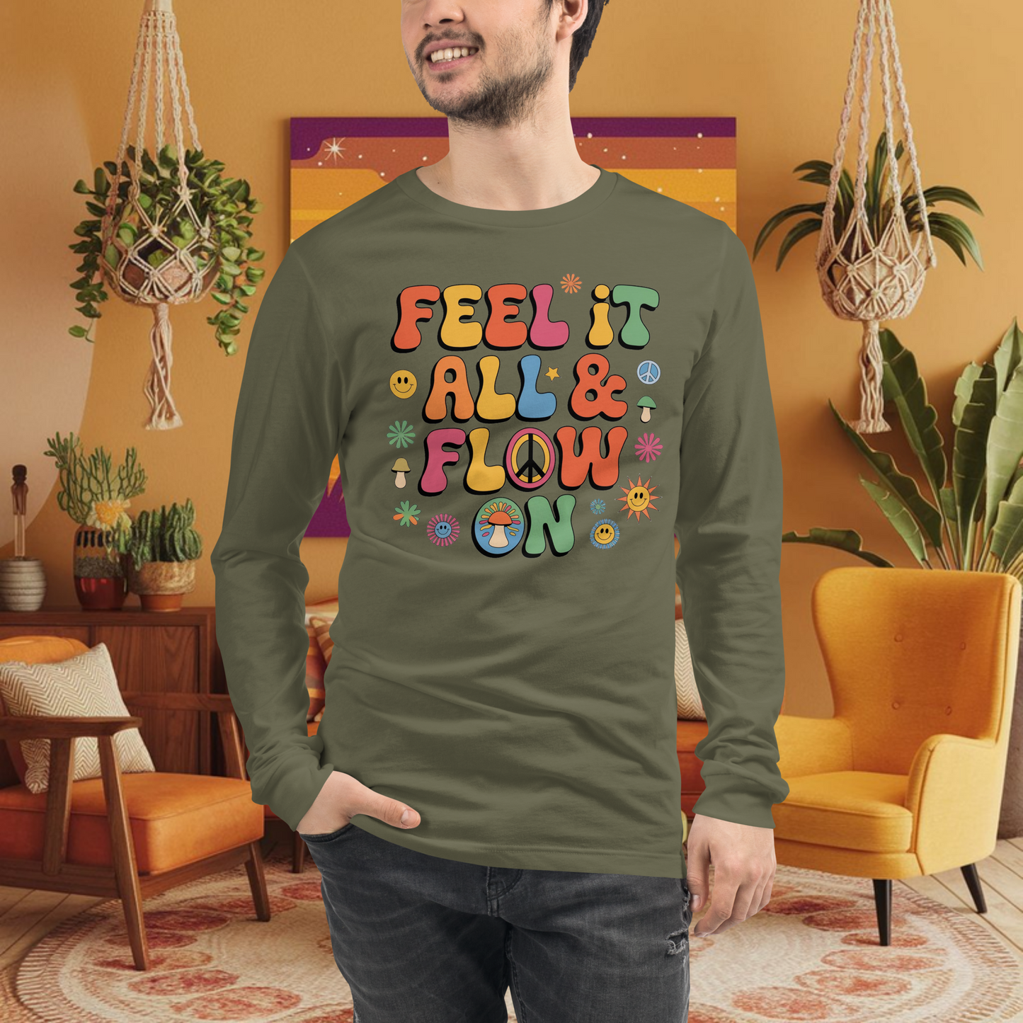 Feel It All & Flow On Long Sleeve Tee - Retro Mental Health Shirt for Emotional Strength