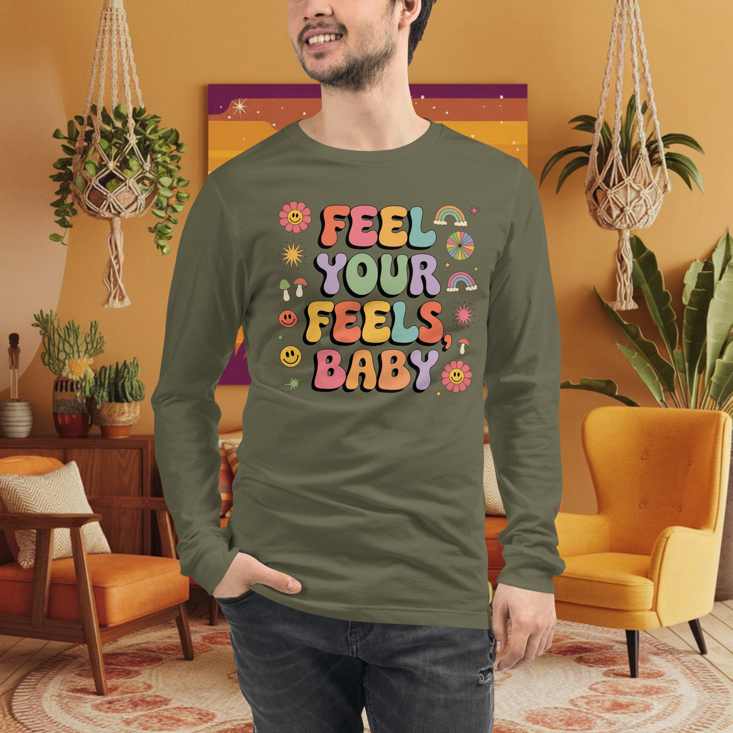 Feel Your Feels, Baby - Long Sleeve Tee, Retro Wellness Shirt for Emotional Support & Self-Care