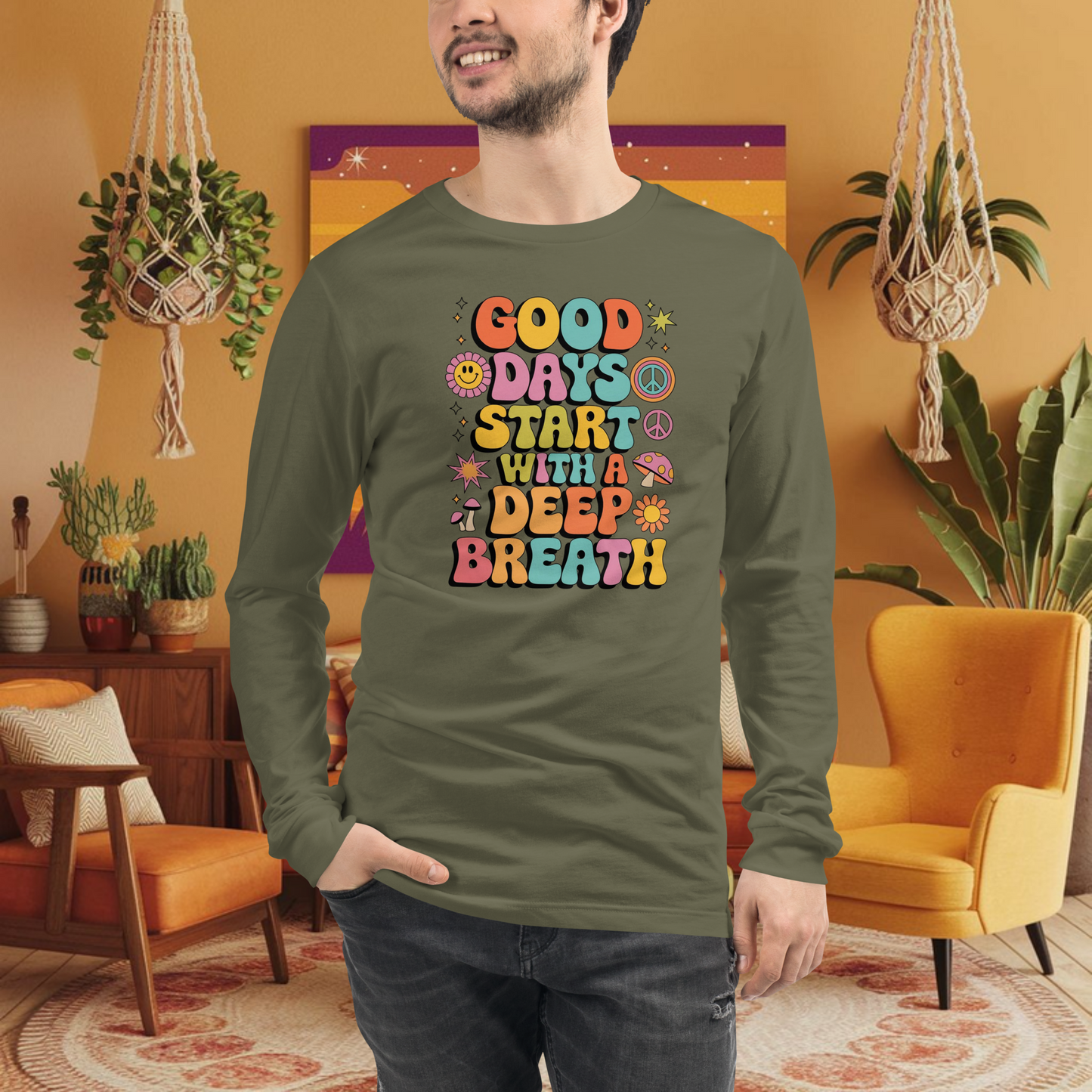 Good Days Start with a Deep Breath - Long Sleeve Tee, Retro Shirt for Calm & Emotional Wellness