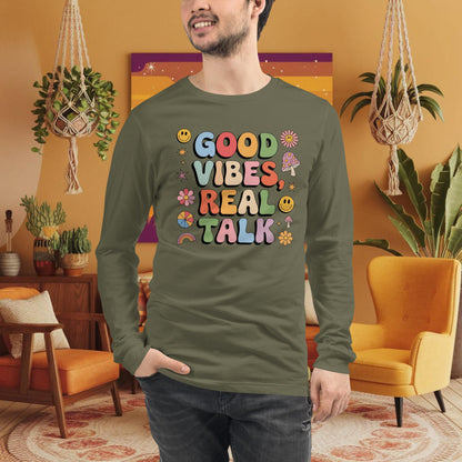Good Vibes, Real Talk - Long Sleeve Tee, Retro Style Shirt for Positivity & Emotional Support