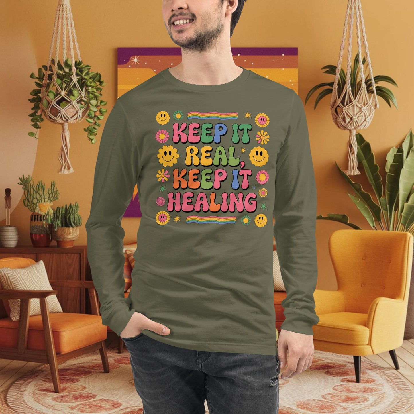Keep It Real, Keep It Healing Long Sleeve Tee - Retro Emotional Wellness & Healing Shirt
