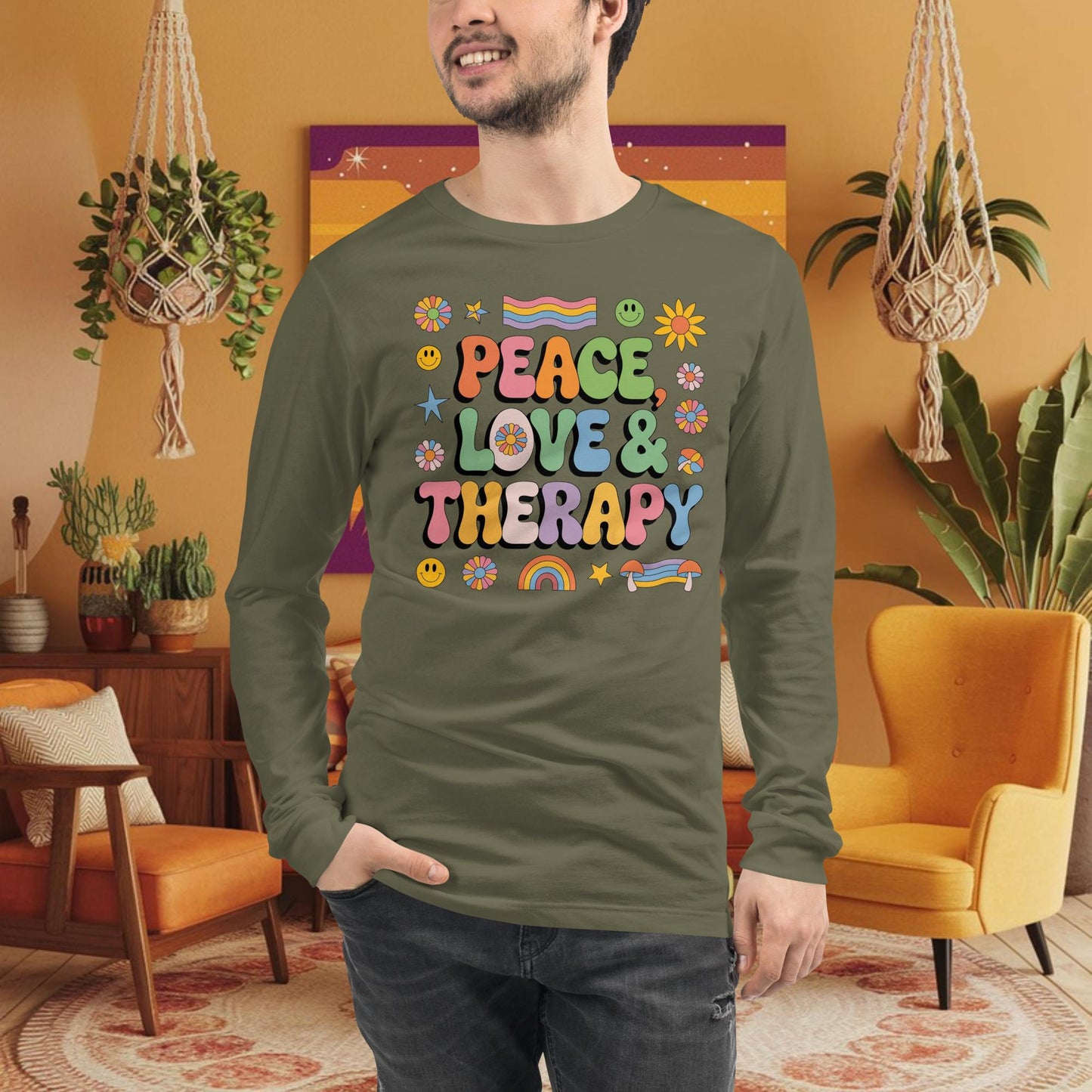 Peace, Love & Therapy Long Sleeve Tee - Retro Shirt for Healing Energy & Mindfulness