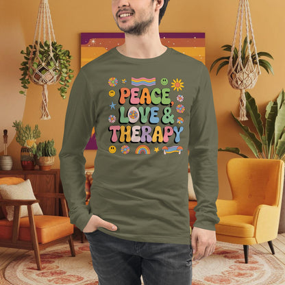 Peace, Love & Therapy Long Sleeve Tee - Retro Shirt for Healing Energy & Mindfulness