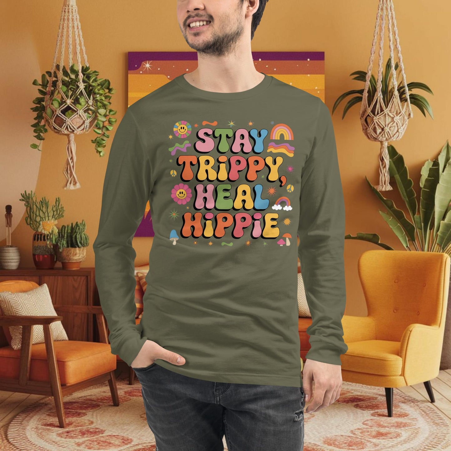 Stay Trippy, Heal Hippie Long Sleeve Tee - Retro Healing & Therapy Shirt