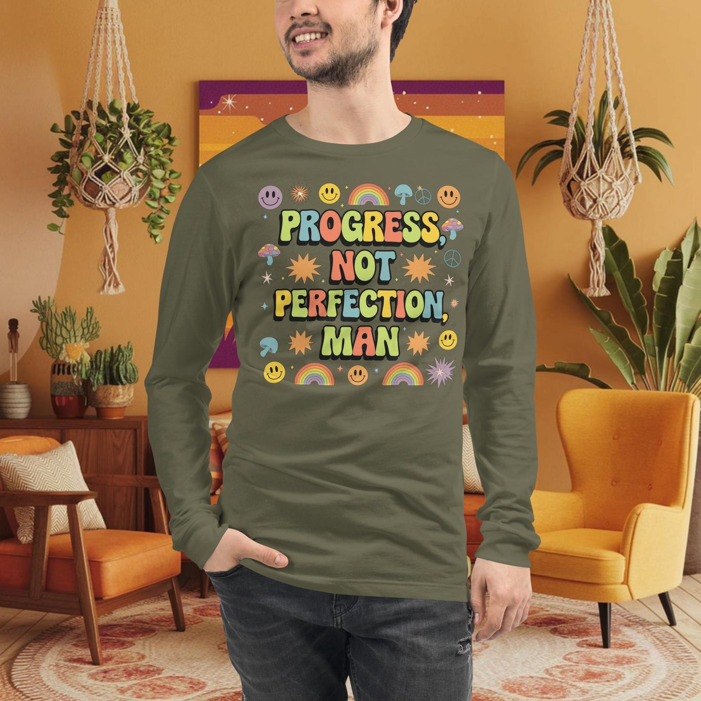 Progress, Not Perfection, Man Long Sleeve Tee - Retro Mental Health & Wellness Shirt