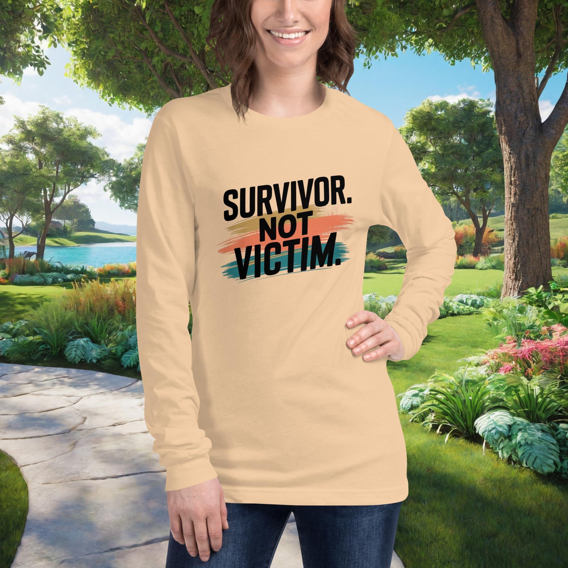 Survivor pride shirt with “Survivor. Not Victim.”