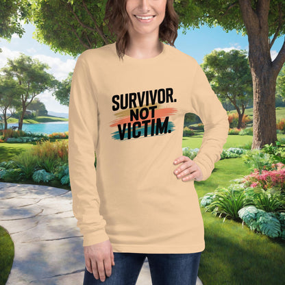 Survivor pride shirt with “Survivor. Not Victim.”