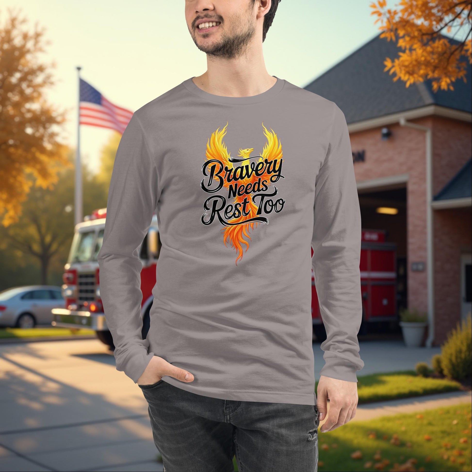 Bravery Needs Rest Too firefighter wellness long sleeve tee, mental health support apparel
