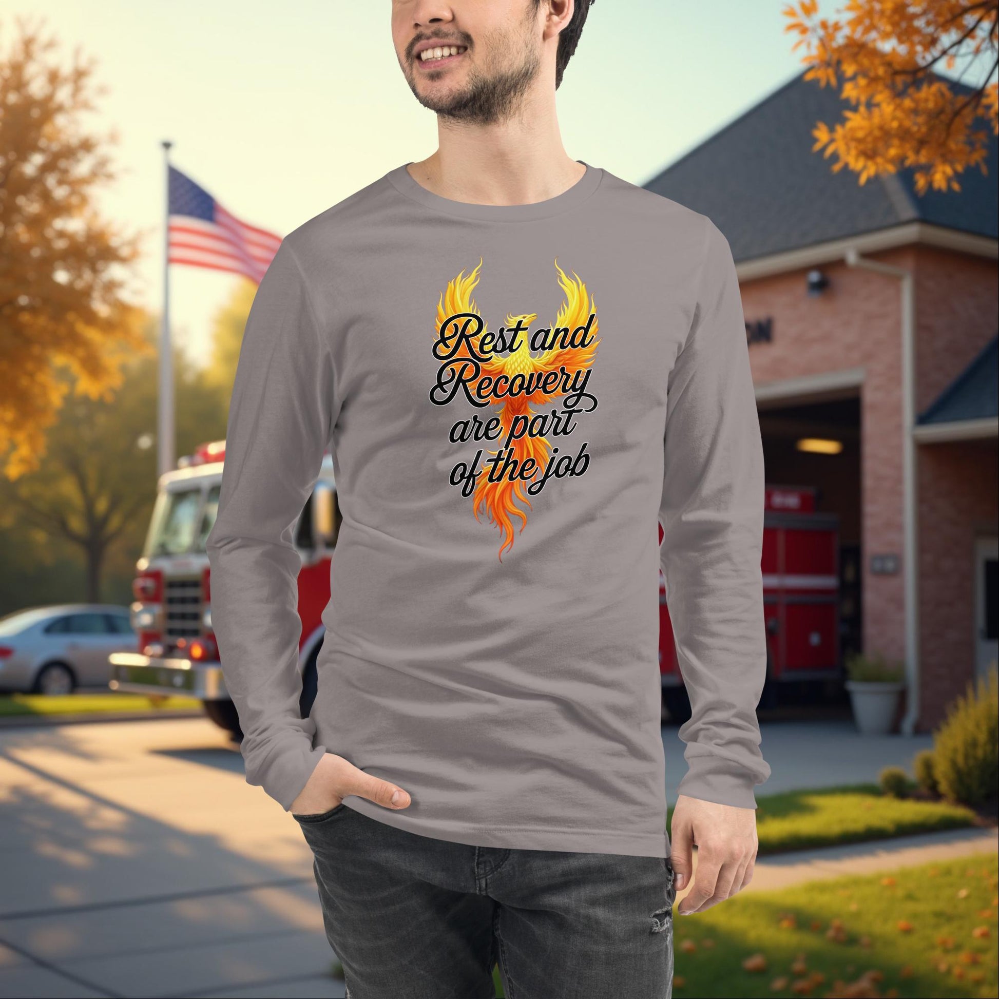 Rest and Recovery firefighter self-care long sleeve tee, wellness and mental health shirt