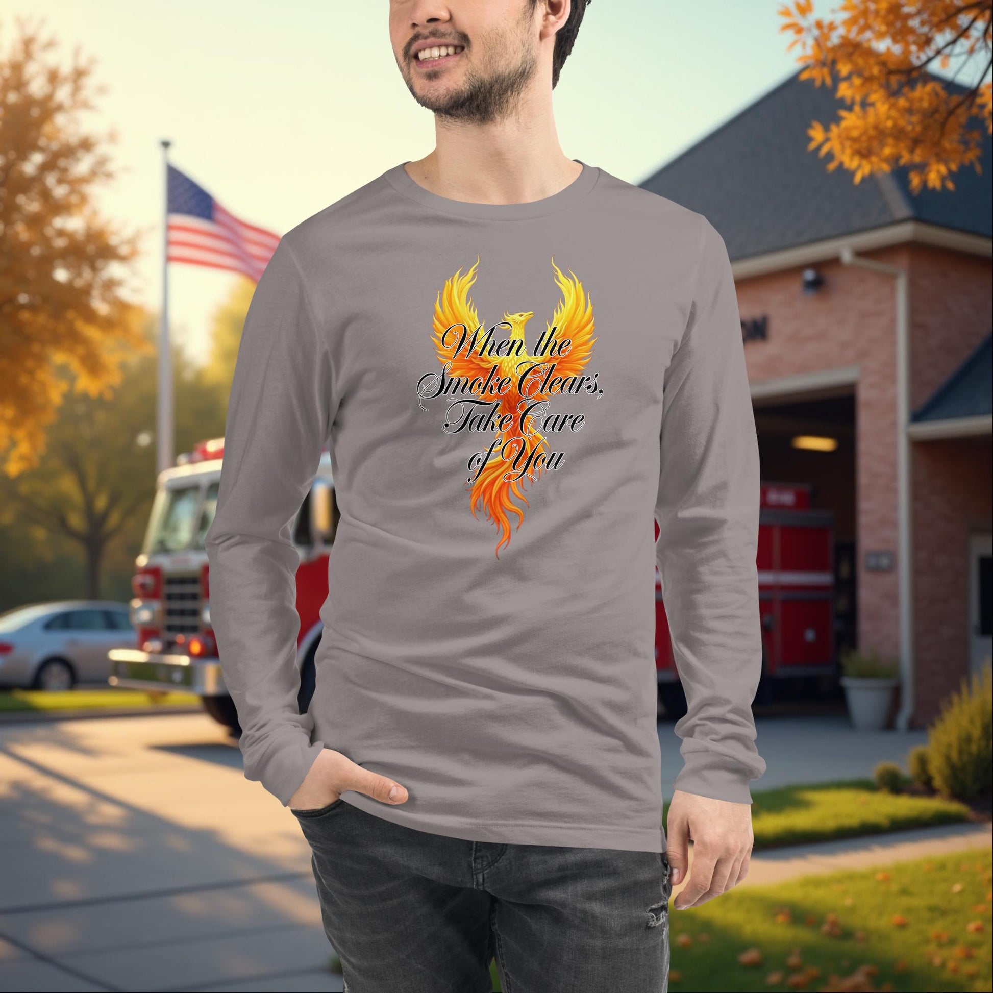 When The Smoke Clears Take Care Of You firefighter wellness long sleeve tee, self-care support shirt