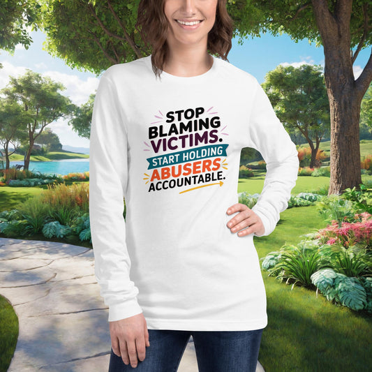 Accountability shirt with “Stop Blaming Victims” design