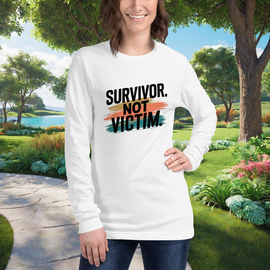Survivor pride shirt with “Survivor. Not Victim.”