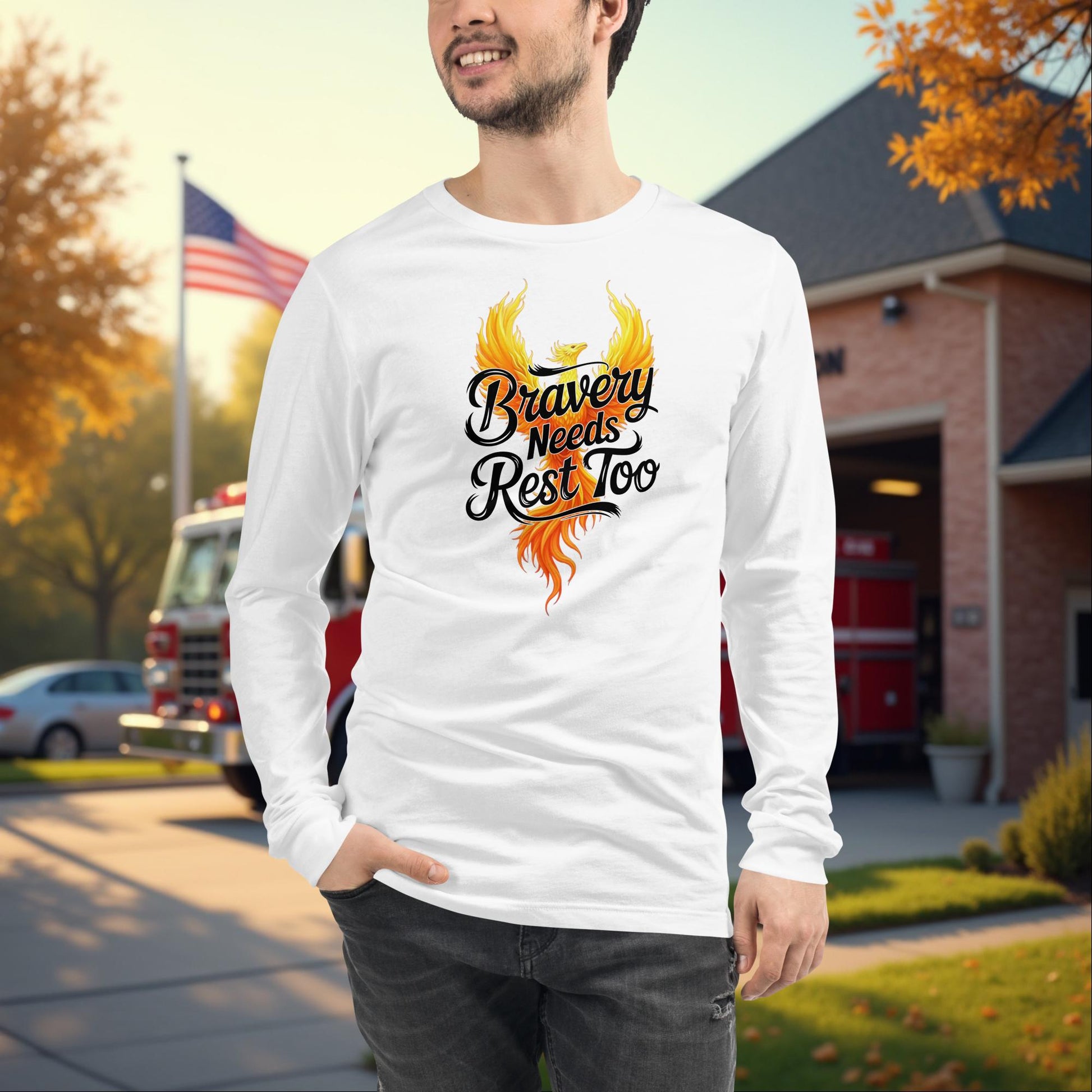 Bravery Needs Rest Too firefighter wellness long sleeve tee, mental health support apparel