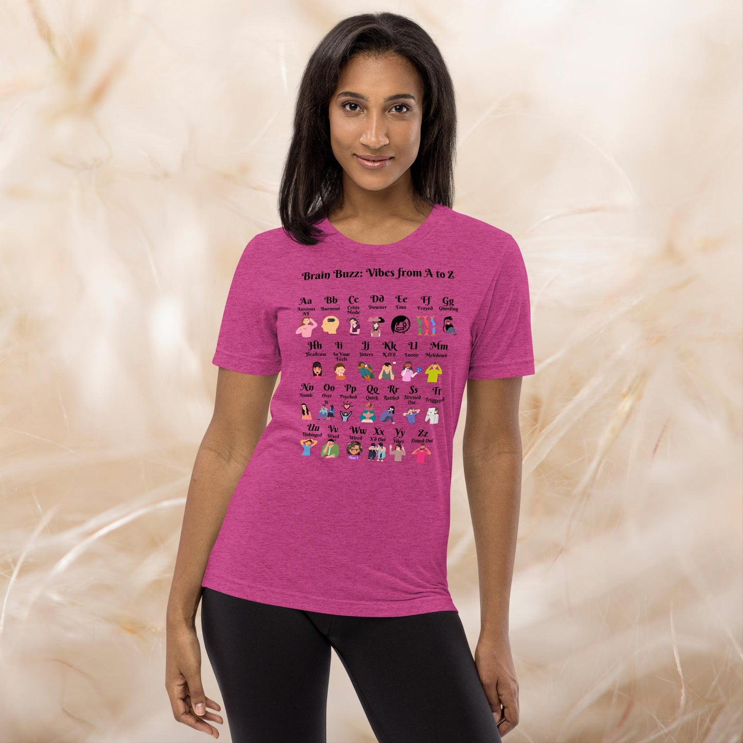 Brain Buzz Vibes from A to Z T-Shirt featuring mental health slang, custom self-care shirt for therapy support and anxiety relief