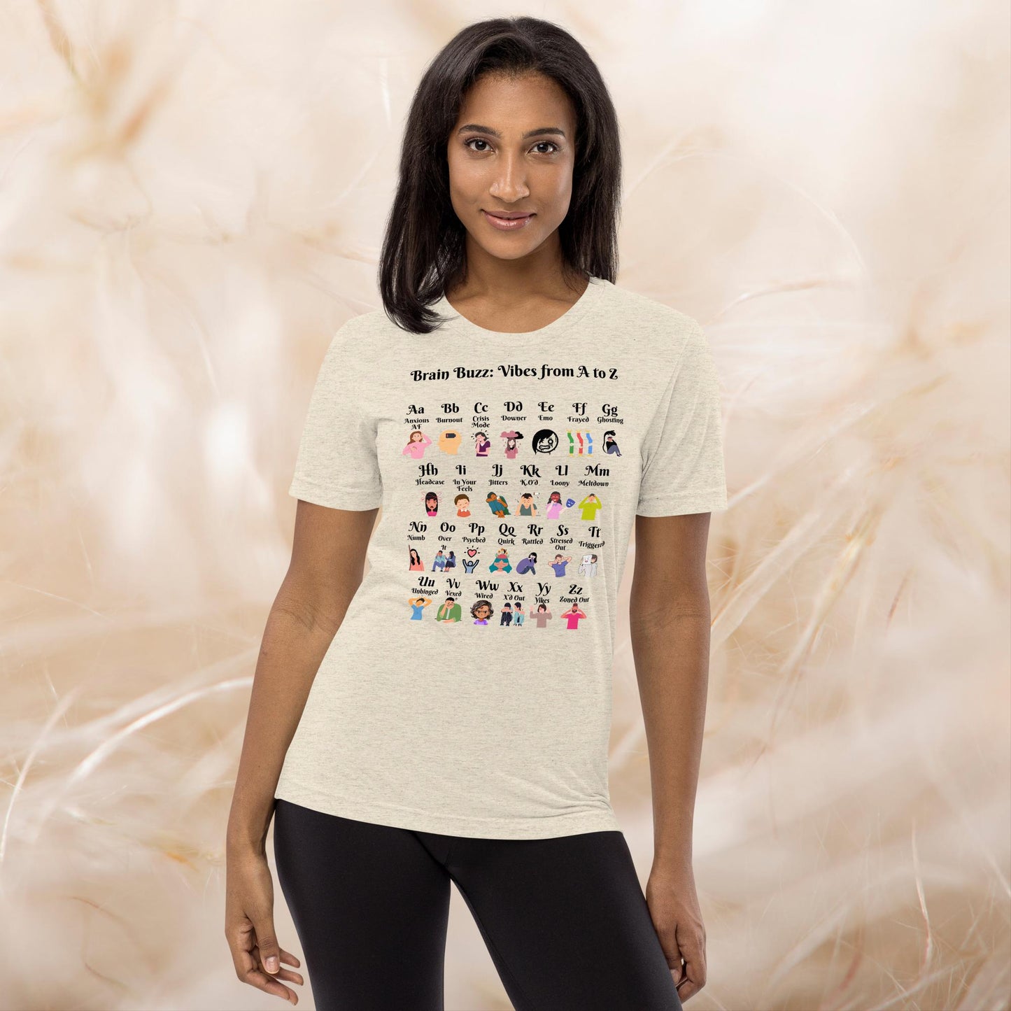 Brain Buzz Vibes from A to Z T-Shirt featuring mental health slang, custom self-care shirt for therapy support and anxiety relief