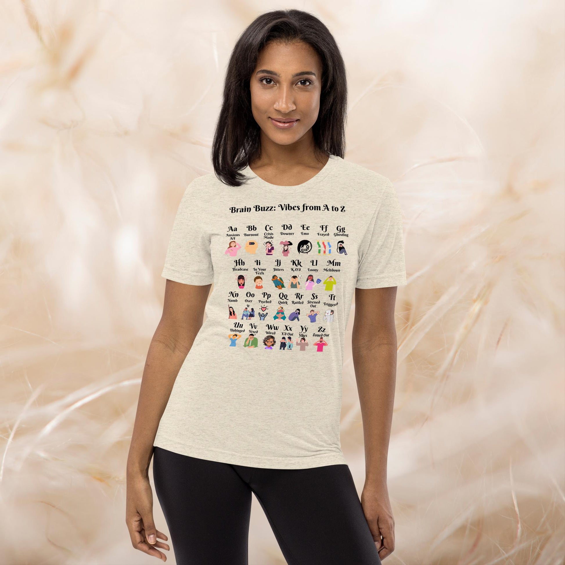 Brain Buzz Vibes from A to Z T-Shirt featuring mental health slang, custom self-care shirt for therapy support and anxiety relief