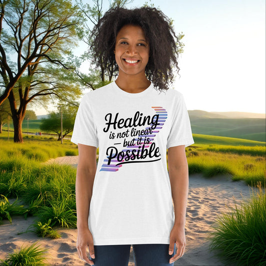 Healing Is Not Linear But It Is Possible unisex tri-blend t-shirt, personalized mental health and trauma recovery shirt