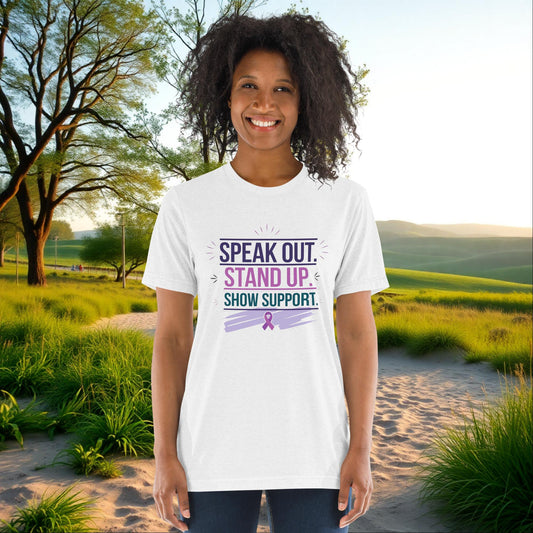 Speak Out, Stand Up, Show Support unisex tri-blend t-shirt, personalized domestic violence advocacy and survivor shirt