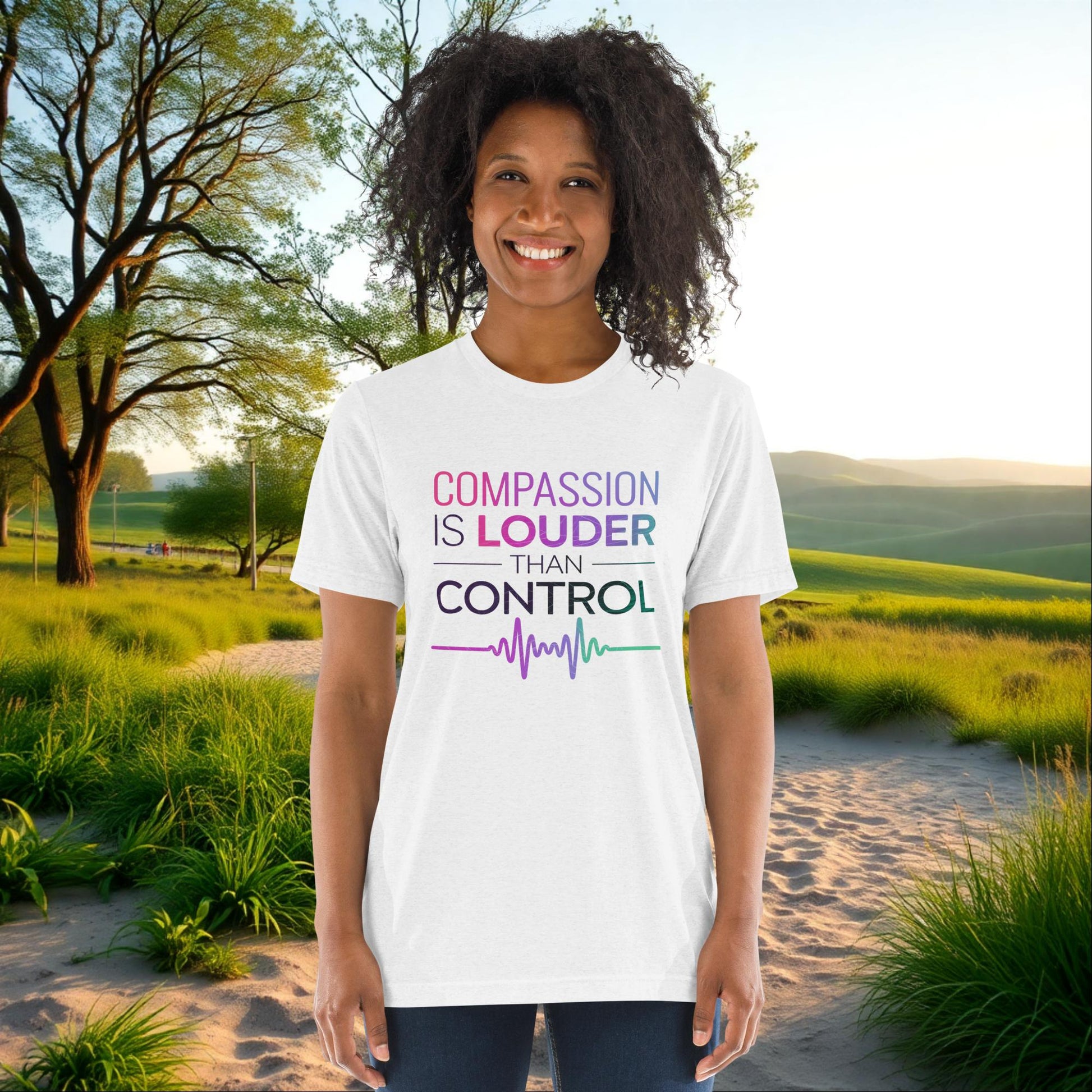Compassion Is Louder Than Control unisex tri-blend t-shirt, personalized empowerment shirt for abuse recovery advocates